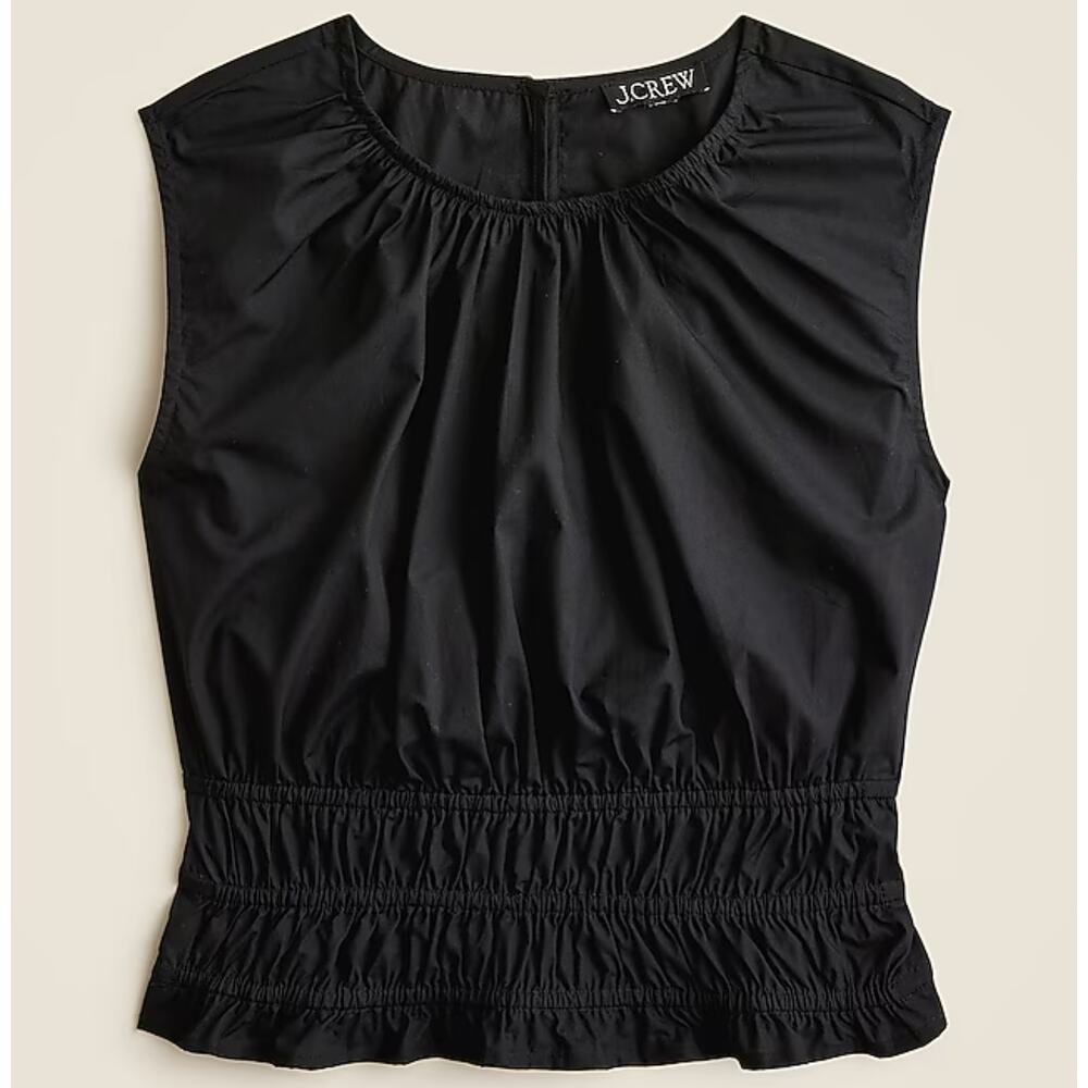J.Crew Hyacinth Top WMN M Black Cotton Poplin Smocked Waist Alana CI549 Pullover